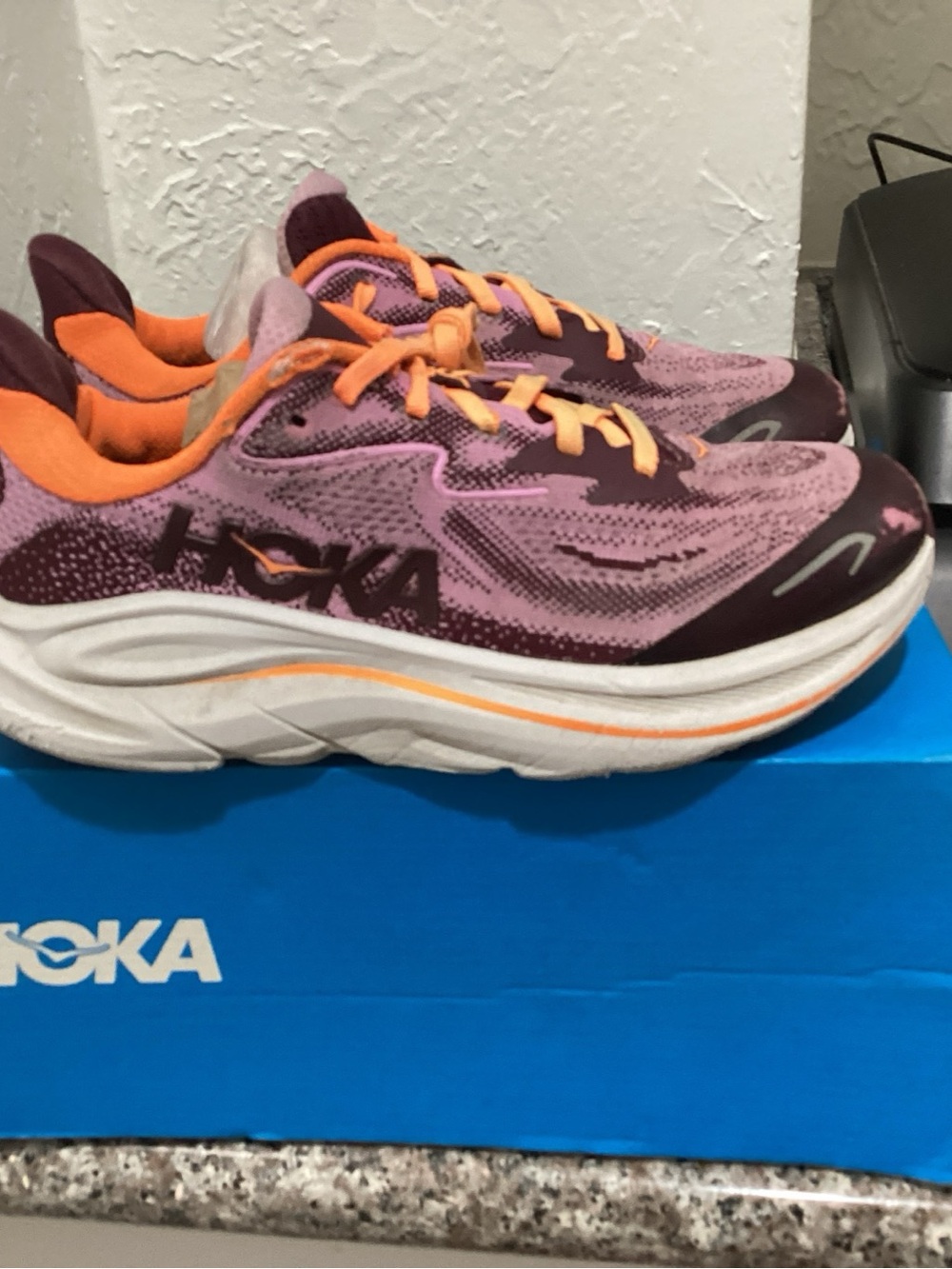 Hoka Running Shoes in Pink, Burgundy & Orange Accents